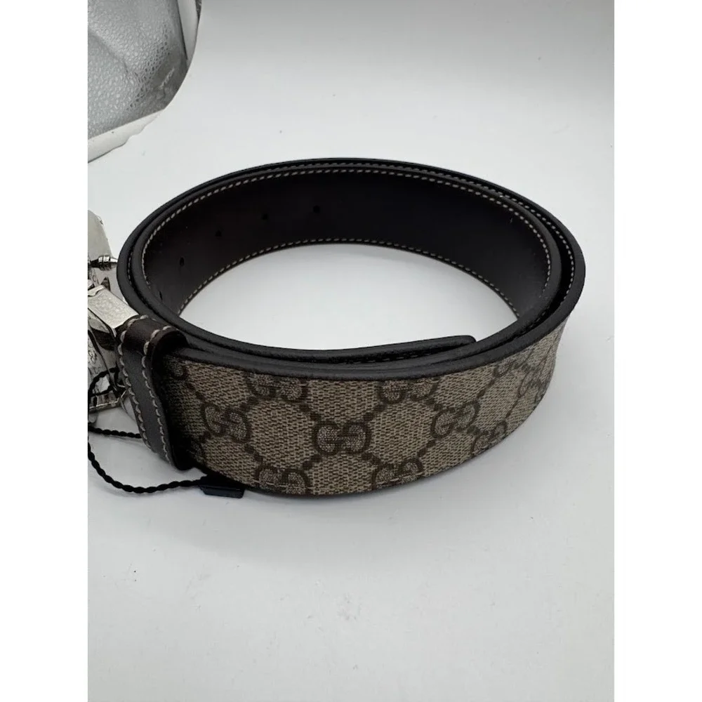 Gucci GG Supreme Canvas Interlocking G Buckle Belt Brown Leather 223891 Size 34